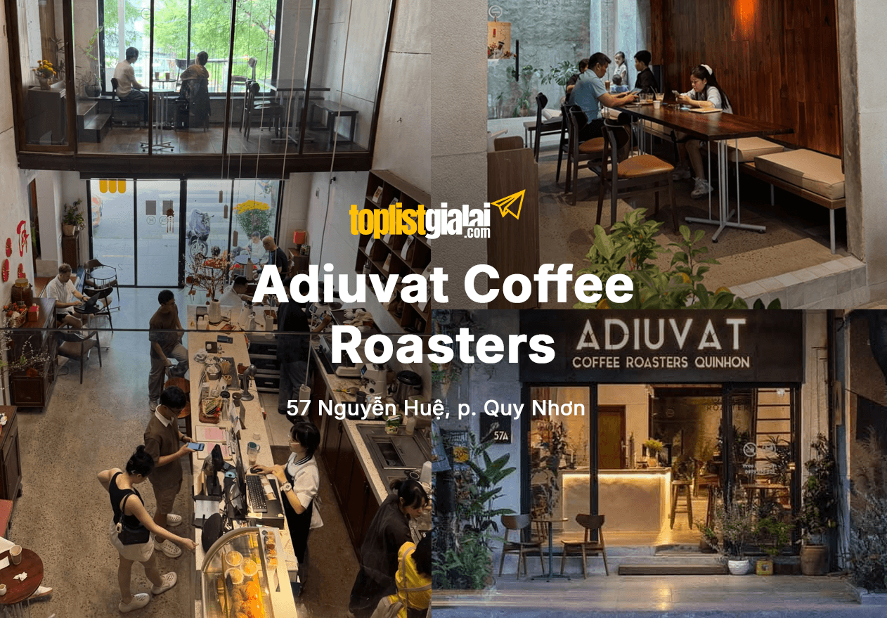 Nội thất quán cafe Adiuvat Quy Nhơn hiện đại, tối giản với bàn làm việc và cửa sổ lớn