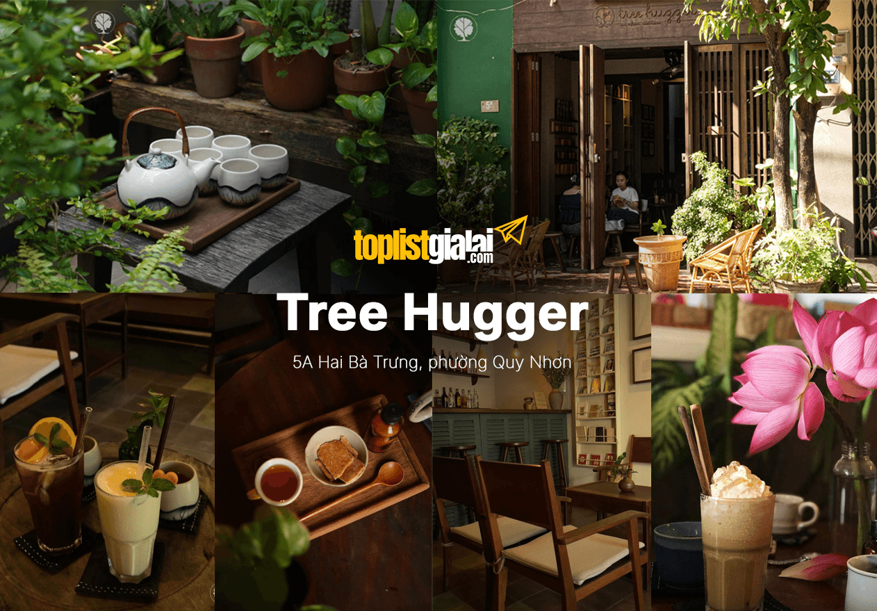 Mặt tiền quán cafe Tree Hugger Quy Nhơn tràn ngập cây xanh và ánh đèn ấm cúng