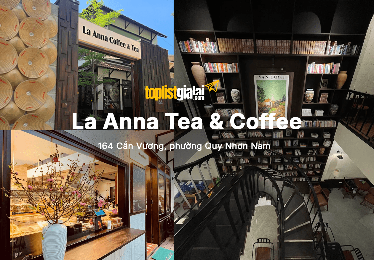 Quán cafe La Anna Quy Nhơn cổ điển lãng mạn với ánh đèn và kệ sách